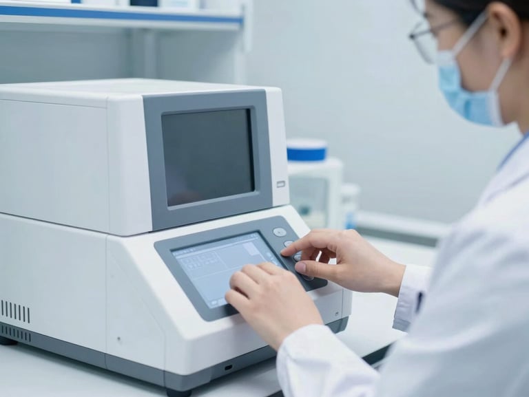 Mid-shot of a clinical laboratory technician operating a clean digital interface on a modern diagnostic system, cool blue sterile lighting, sharp focus, 35mm