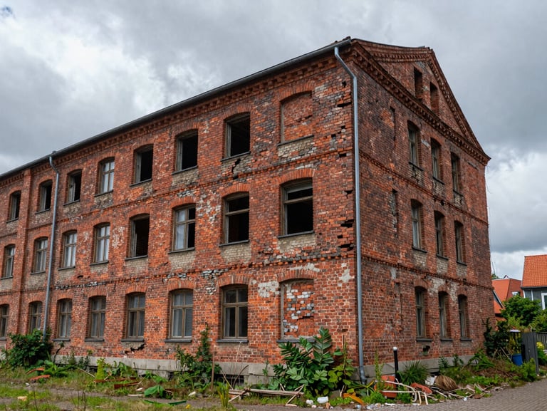 An old, overgrown brick building with structural cracks and wild vegetation under a grey sky in Lubmin.