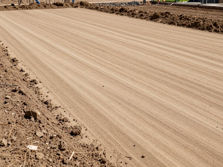 A perfectly cleared, leveled sandy soil plot ready for construction, clean borders, no debris.