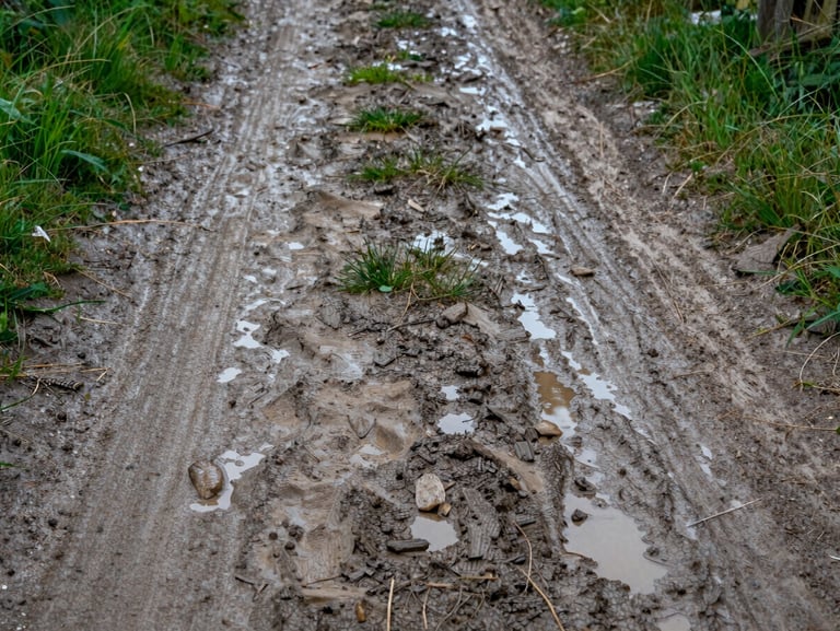 A muddy, uneven driveway with deep puddles and wild grass patches on a grey day.