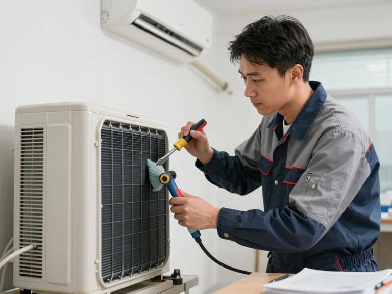 Medium shot of a professional technician in a clean uniform carefully cleaning an indoor AC unit evaporator with specialized tools, clean organized workspace, bright neutral indoor lighting.