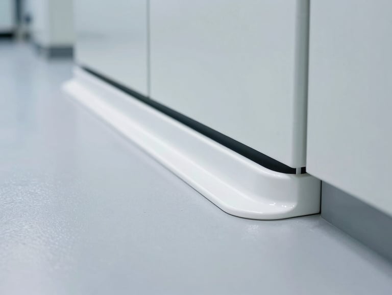 Close-up of a flawless white sanitary cove transition (curva sanitaria) between an epoxy floor and a cleanroom wall in a pharmaceutical laboratory, bright sterile lighting.
