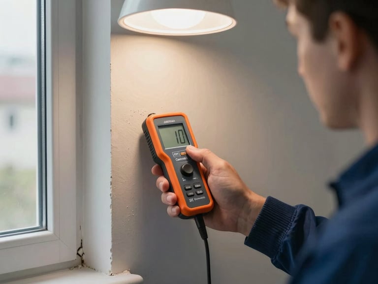 Close-up of an inspector's hand holding a professional moisture meter against a drywall surface near a baseboard, daylight entering from a window at the left edge, meter display visible showing a reading, clinical overhead room light supplementing