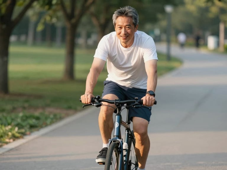 An active man in his early 60s riding a bicycle on a quiet park path, warm golden hour light, genuine smile, 35mm photography.
