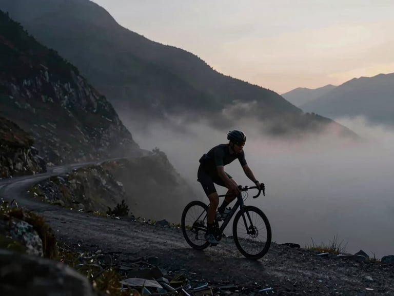 A solitary cyclist climbing a steep mountain pass at dawn, low-key dramatic lighting, cool undertones, high-contrast silhouette against mist