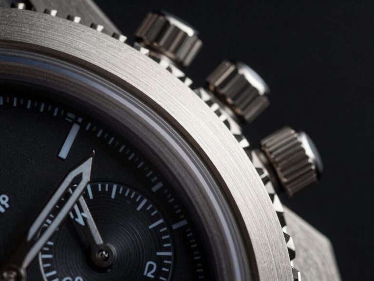 Extreme close-up of a high-end chronograph bezel, brushed titanium texture, sharp mechanical lines, low-key dramatic lighting with cool silver undertones, dark negative space.