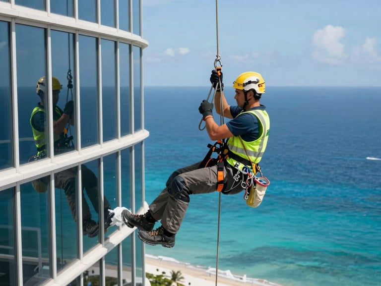 A professional technician in clean branded safety gear suspended on ropes, washing a high-rise glass facade, deep blue Caribbean sea in the background, bright daylight.