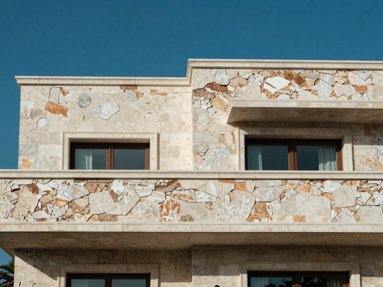 Architectural detail of a luxury coastal villa facade, half-restored clean stone contrasting with weathered salt-damaged stone, clear blue sky.