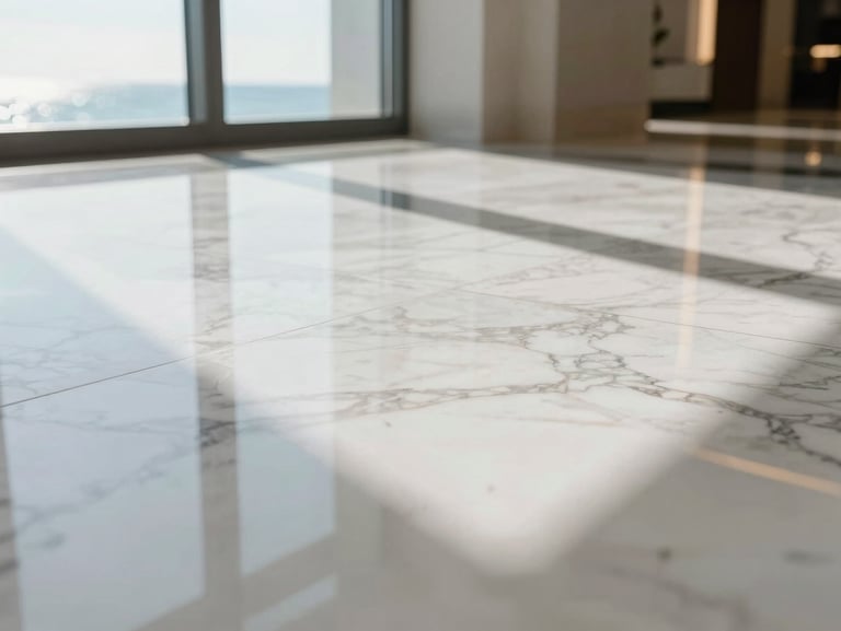 Macro shot of a polished white marble floor showing sharp, clean reflection lines of a luxury hotel lobby, bright coastal sunlight streaming through windows.