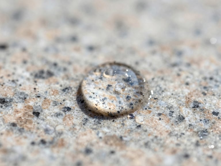 Extreme close-up macro shot of a liquid droplet perfectly beading up on a sealed light-colored granite surface, showing high surface tension, bright daylight, razor-sharp focus.