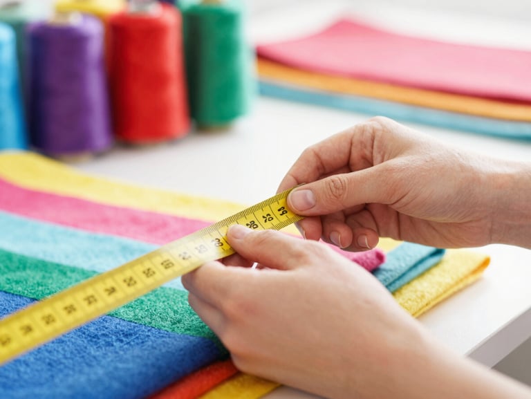 Close-up of hands carefully measuring a colorful fabric with a yellow tape measure in a bright textile workshop, soft focus, colorful threads in the background
