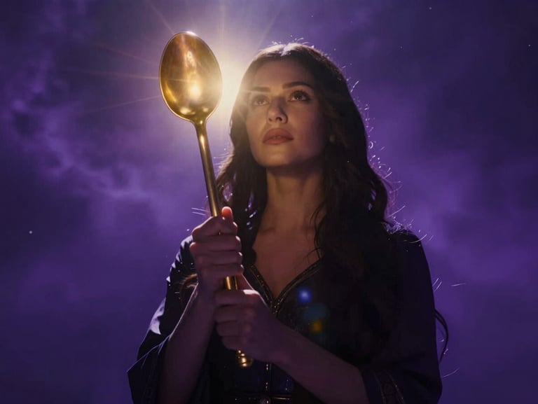 Dramatic low-angle shot of Deusalinda holding a glowing golden spoon like a scepter, deep purple shadows, cosmic lens flare