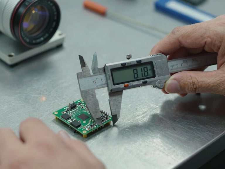 Extreme close-up of a technician's hands measuring an industrial PCB component with digital calipers on a steel-gray workbench under focused side-lighting, component pins sharp in foreground