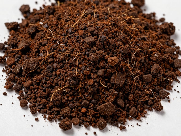 Macro flat-lay of dark brown vermicompost granules spread across a matte white surface, diffused natural daylight from above, visible granule and organic fibre texture, no labels or text, no plants or soil mounds