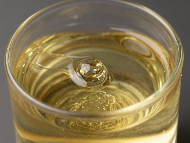 Macro close-up of pale amber BS Grade castor oil in a clear glass container, studio overhead lighting, visible viscous texture and light refraction, dark neutral background, no labels or text