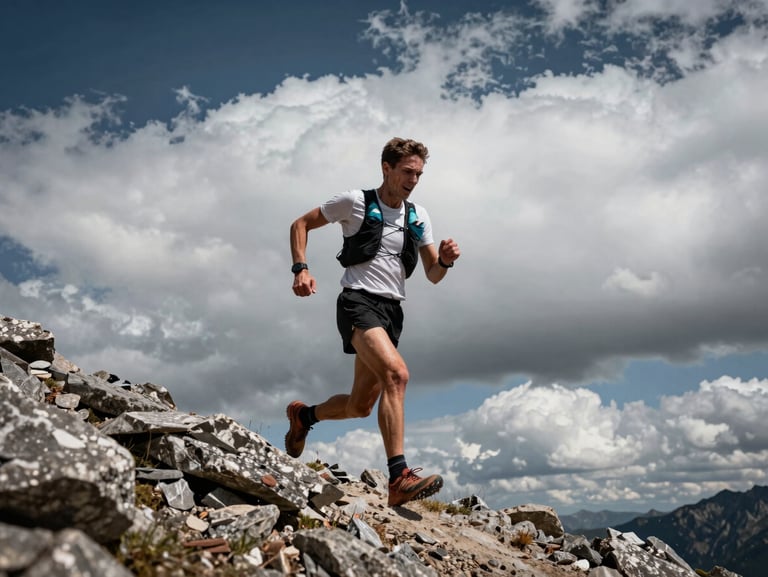 Mountain ultra runner sprinting on a rocky ridge, dramatic clouds in background, intense physical effort, high contrast outdoor daylight photography