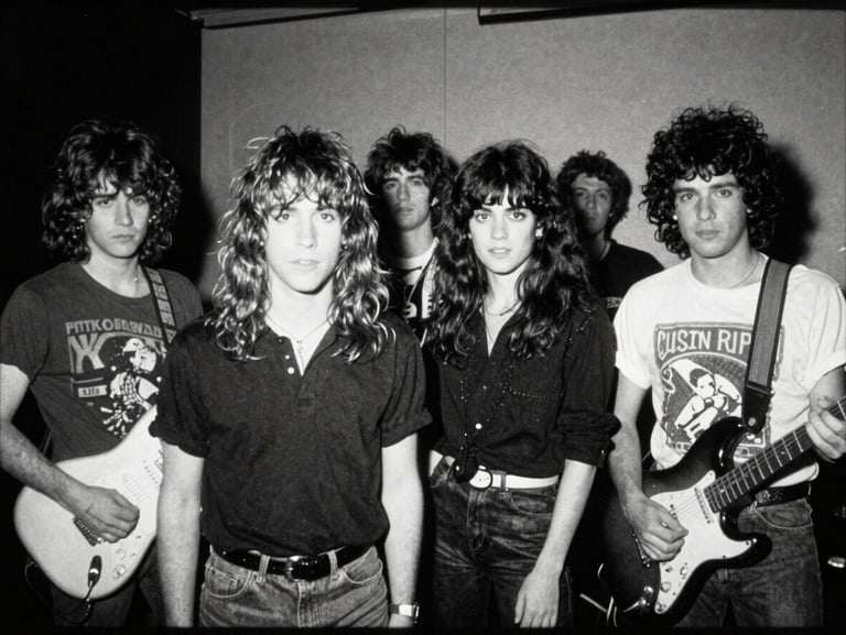 Gritty archival performance still of a 1980s post-punk band, harsh flash photography, CRT scanlines, high contrast black and white, 35mm film grain, 4:3 aspect