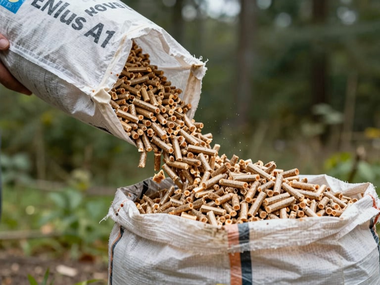 Premium wooden pellets ENplus A1 pouring from a sack, clean compressed wood cylinders, natural light