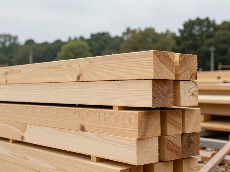 Structural timber beams stacked at a construction site, precise cuts, light pine wood texture under overcast sky