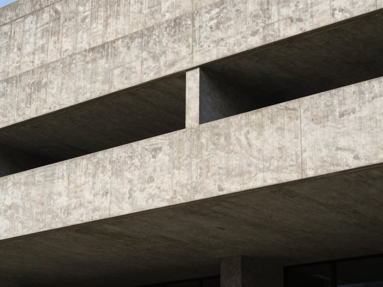Stark architectural detail of a brutalist concrete structure, heavy geometric lines, high-contrast shadows, clinical composition.