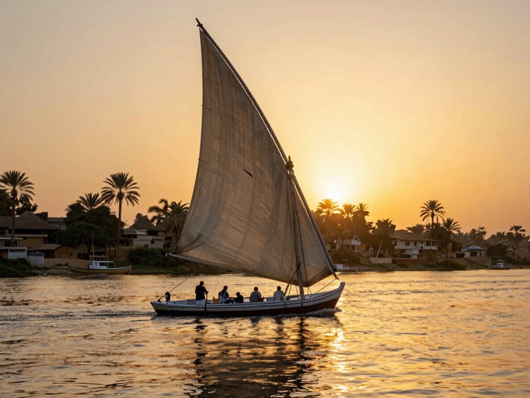 The majestic Nile river at sunset, a traditional wooden felucca sailing past ancient palms, warm golden hour glow.