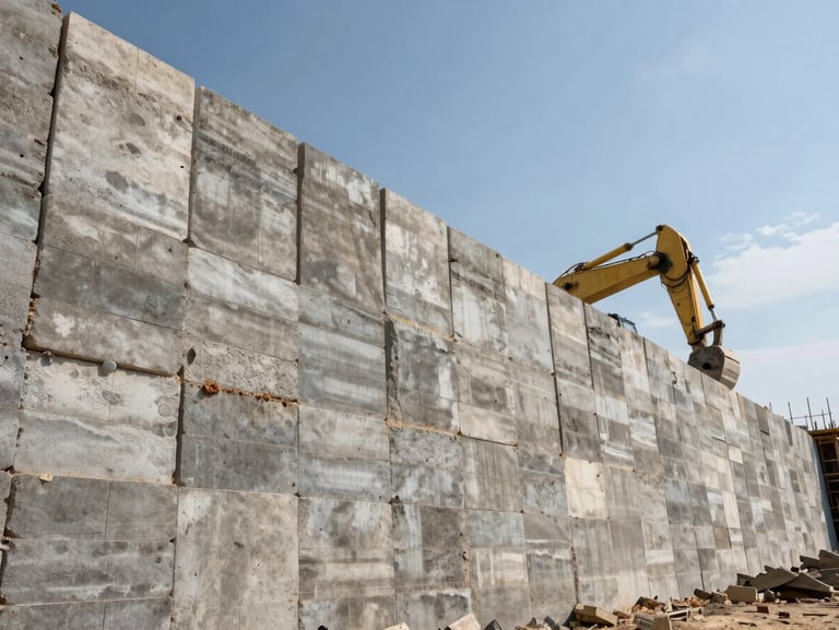 Low-angle wide shot of a massive structural block retaining wall under construction, heavy excavator visible in the background, sharp daylight.
