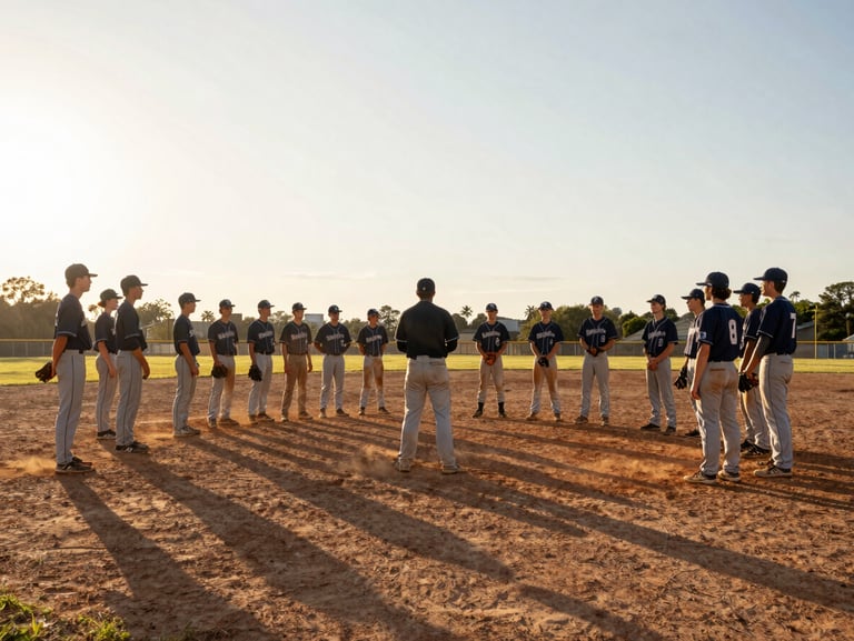Wide shot, golden-hour light from low on the horizon, an entire youth baseball team gathered in the infield after a game, players standing loosely together looking toward the coach, jerseys dusty, gloves at their sides, long shadows across the dirt