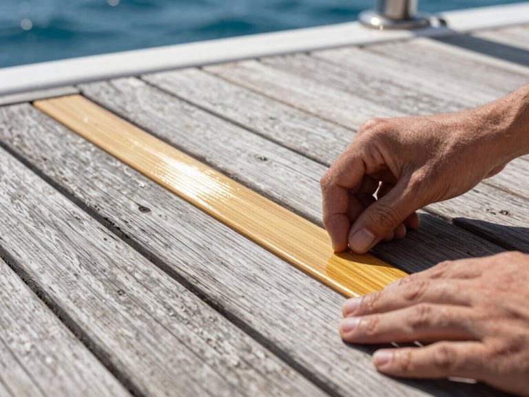 Close-up of hands detailing a wooden teak deck, highlighting the contrast between weathered grey wood and freshly restored golden teak under bright morning sun.