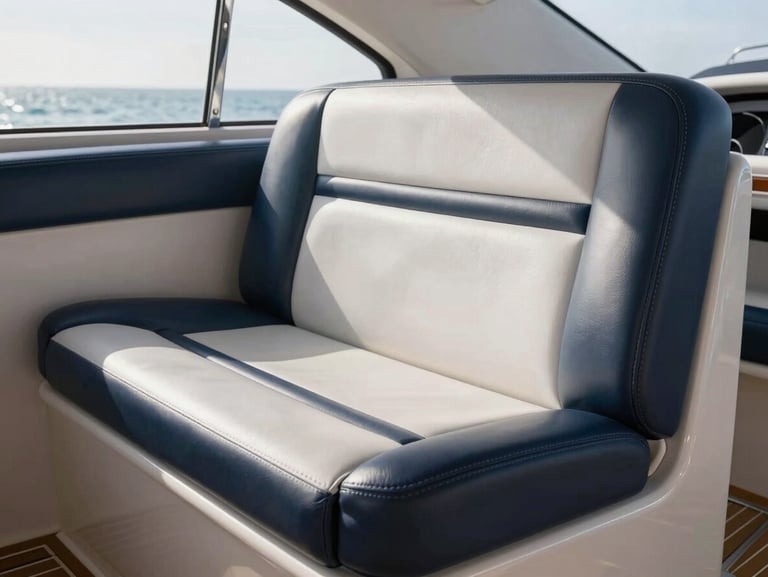 Close-up of marine leather seats inside a yacht cabin, immaculate condition, soft coastal morning light coming through the porthole.
