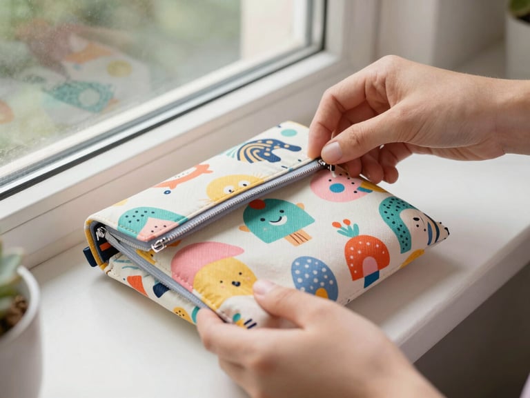 Manos artesanas cosiendo un bolso reversible con telas de patrones ilustrados coloridos bajo luz natural de ventana