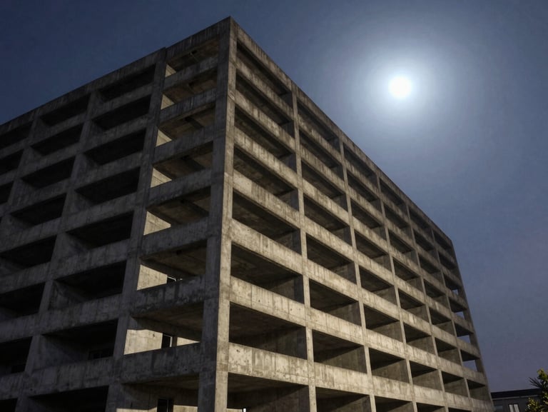 Cinematic wide shot of a brutalist concrete building towering under a cool moonlight sky, harsh artificial light casting long dramatic shadows