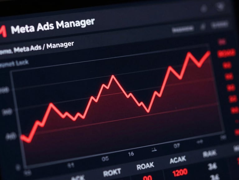 Macro close-up of an active Meta Ads Manager dashboard on a dark display, glowing red trendlines showing positive ROAS metrics, high-contrast studio lighting, sharp digital UI elements, 8k resolution