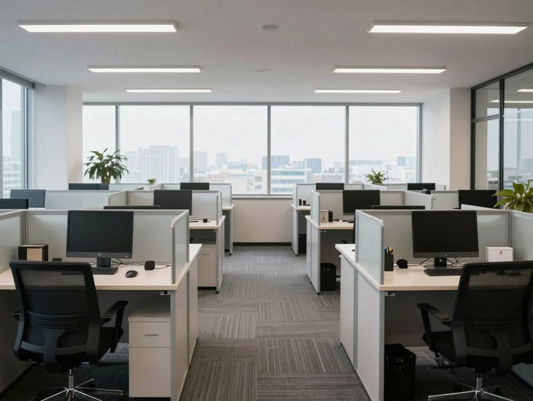 Straight-on wide shot of a clean commercial office space with organized desks, spotless glass partitions, and bright daylight.