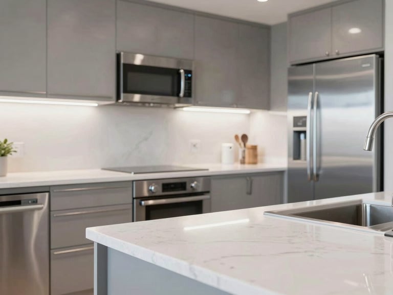 Bright, high-key natural daylight illuminating an immaculate modern kitchen with spotless stainless steel appliances and sharp, clean quartz countertops.