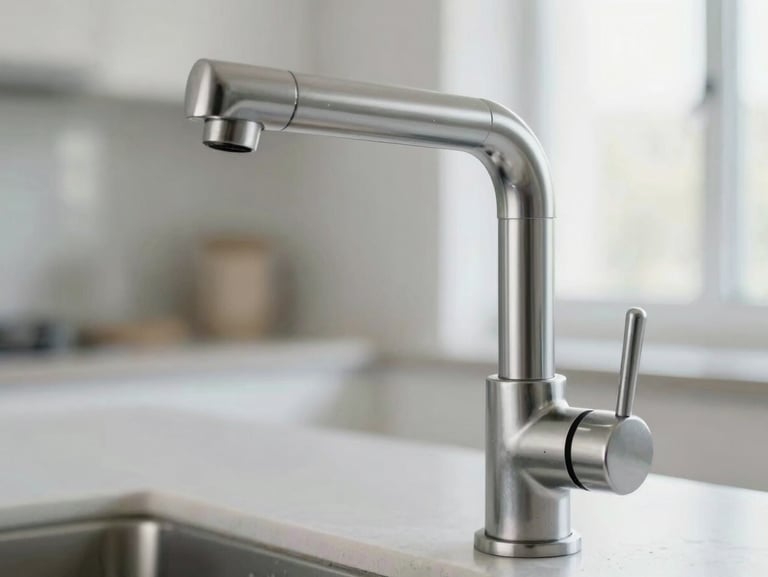 Macro close-up of a polished stainless steel faucet in a bright, modern kitchen, reflecting natural light with no water spots.