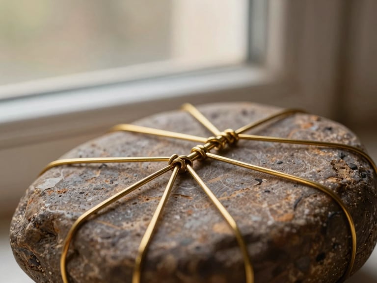 Macro shot of continuous gold wire wrapping around a polished brown stone, warm natural window light, shallow depth of field