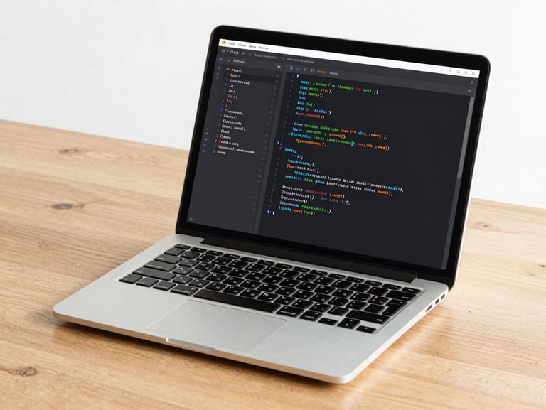 Laptop on a clean wooden desk showing a vector wireframe layout and clean code blocks on screen, sharp focus, cool tones, 35mm