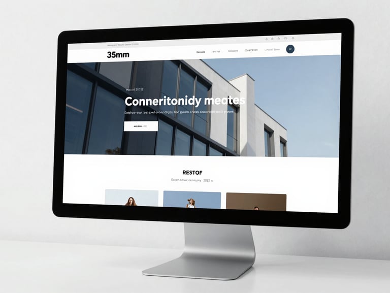Clean desktop monitor displaying a modern web design layout, crisp typography, minimalist interface, high-key studio lighting, 35mm