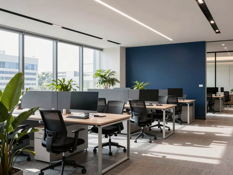 Sleek tech-forward office space in Bengaluru, collaborative workspace with indoor plants, bright daylight, professional atmosphere.