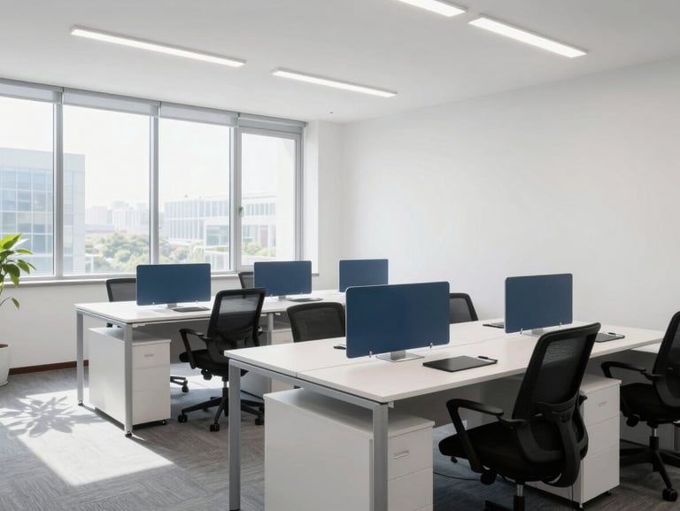 Bright modern office interior in Gurugram, clean minimalist desks, large windows with natural daylight, professional corporate setting.