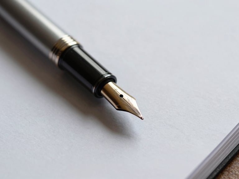 Macro close-up of a high-end fountain pen resting on a heavy-weight textured paper document, soft side-lighting, minimal clean aesthetic.