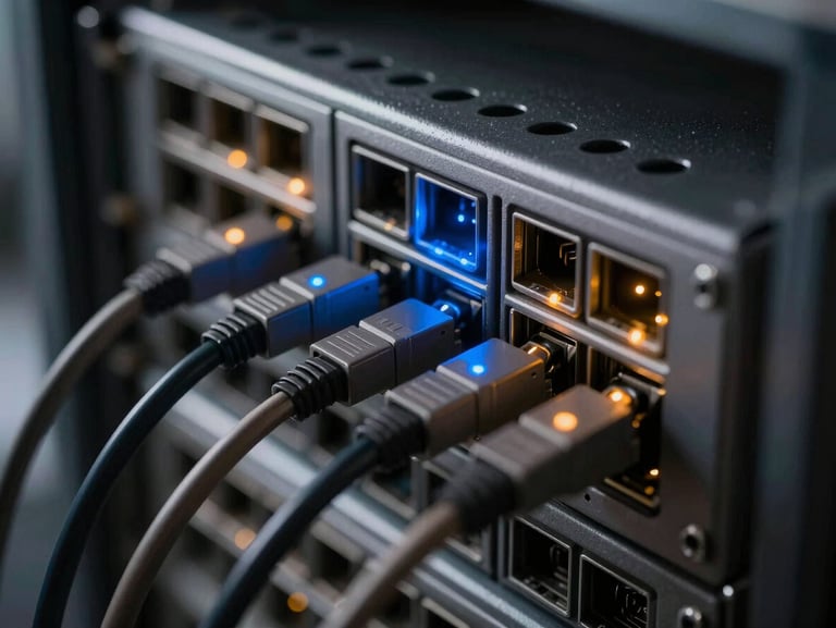 Macro close-up of physical server cables patched into a rack, glowing blue and orange indicator lights, high-contrast shadows, technical depth of field.