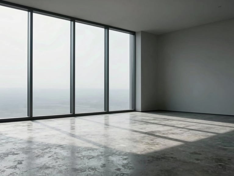 Same minimalist interior room with large south-facing window, cool diffused natural light evenly distributed across the floor, crisp shadow lines on polished concrete, no glare, no people, architectural editorial photography