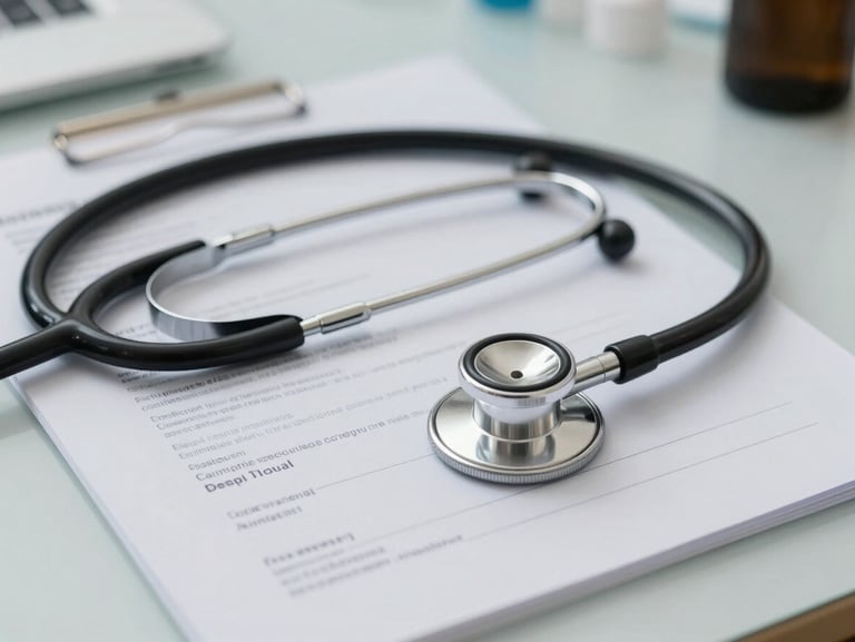A close-up of a neat clinical desk with a stethoscope resting on top of official medical credential documents, bright and sharp neutral lighting.