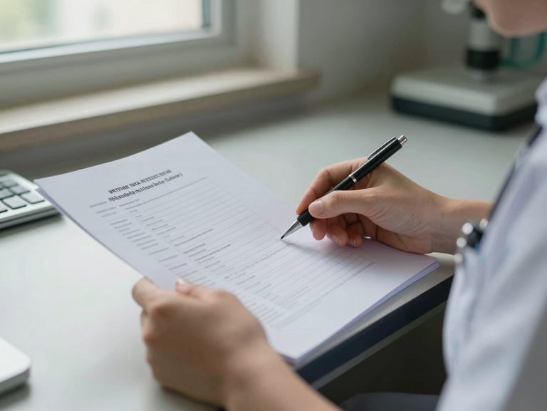 Close-up of care professional hands reviewing printed documentation on a desk, natural afternoon window light, institutional setting, unhurried and methodical atmosphere