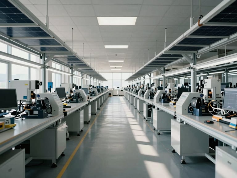 Symmetrical wide angle shot of a clean, modern, well-lit apparel production floor, solar-powered machinery aligned in rows, architectural lines, cool natural daylight.