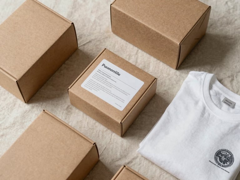 Overhead flat-lay of product packaging on a pale linen surface — kraft boxes, a printed label, a folded tee with a screen-printed mark — lit by soft north-facing daylight, minimal props