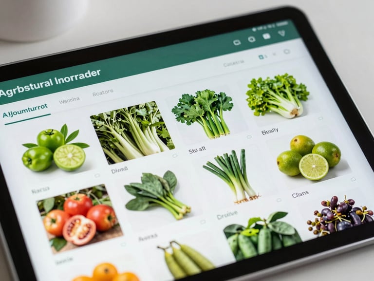 A tablet screen showing a modern agricultural marketplace interface, clean product cards of local crops, bright natural lighting