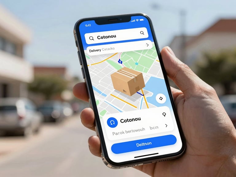 A sleek smartphone screen displaying an intuitive e-commerce delivery application, showing a map tracking a package in Cotonou, bright daylight