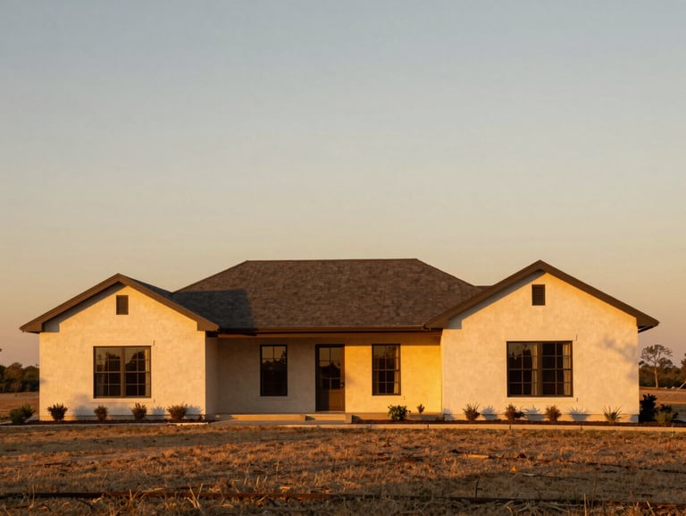 Wide environmental shot of a modern Texas ranch home during a warm golden-hour sunset, showcasing clean architectural lines.